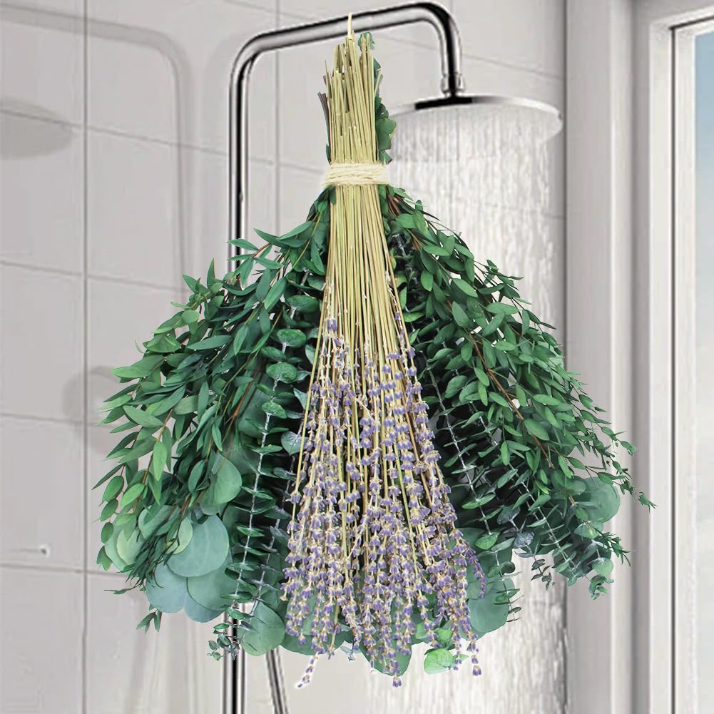 DTXMOH Shower Eucalyptus Hanging 78pcs Preserved Fresh Eucalyptus Branches and Dried Lavender Bundle for Shower Plant Bathroom SPA