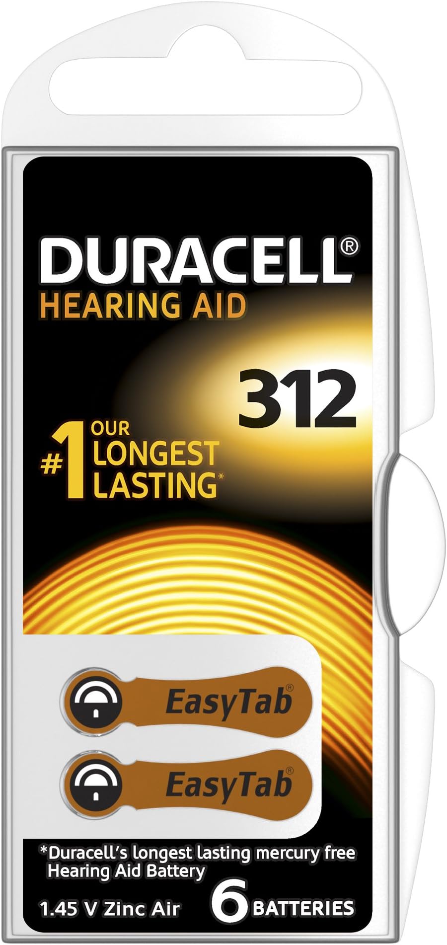 312 Hearing Aid Batteries with Easy Tab, 6 Batteries, Brown