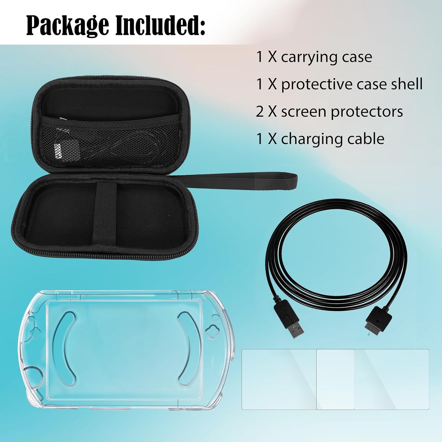 JDGPOKOO 5 in 1 Accessories Kit for PSP GO, Carrying Case for PSP GO, Clear Shell Case, 2 Set Screen Protectors and Charging Cable Compatible with PlayStation Portable Go ONLY