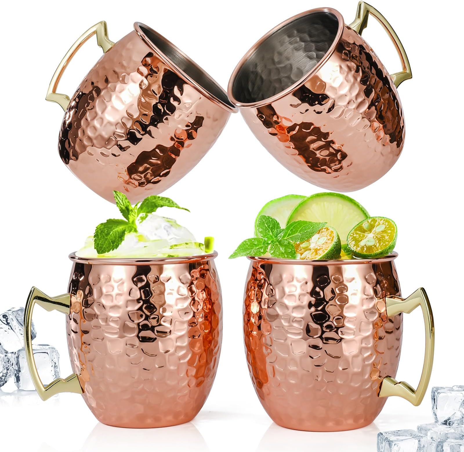 Amrules Moscow Mule Mugs Set of 4, 16 OZ Hammered Copper Cups with 304 Stainless Steel Lining and Gold Brass Handles, for Cold Drinks, Beer, Wine, Bars, Parties