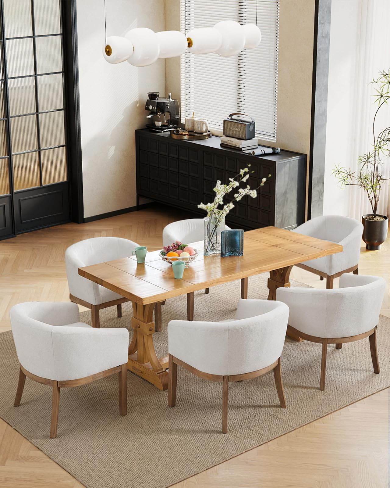 SoarTalent Barrel Dining Chair with Arms Set of 6, Upholstered Linen Armchair, Curved Back Mid-Century Accent Chair with Solid Wood Legs, Kitchen