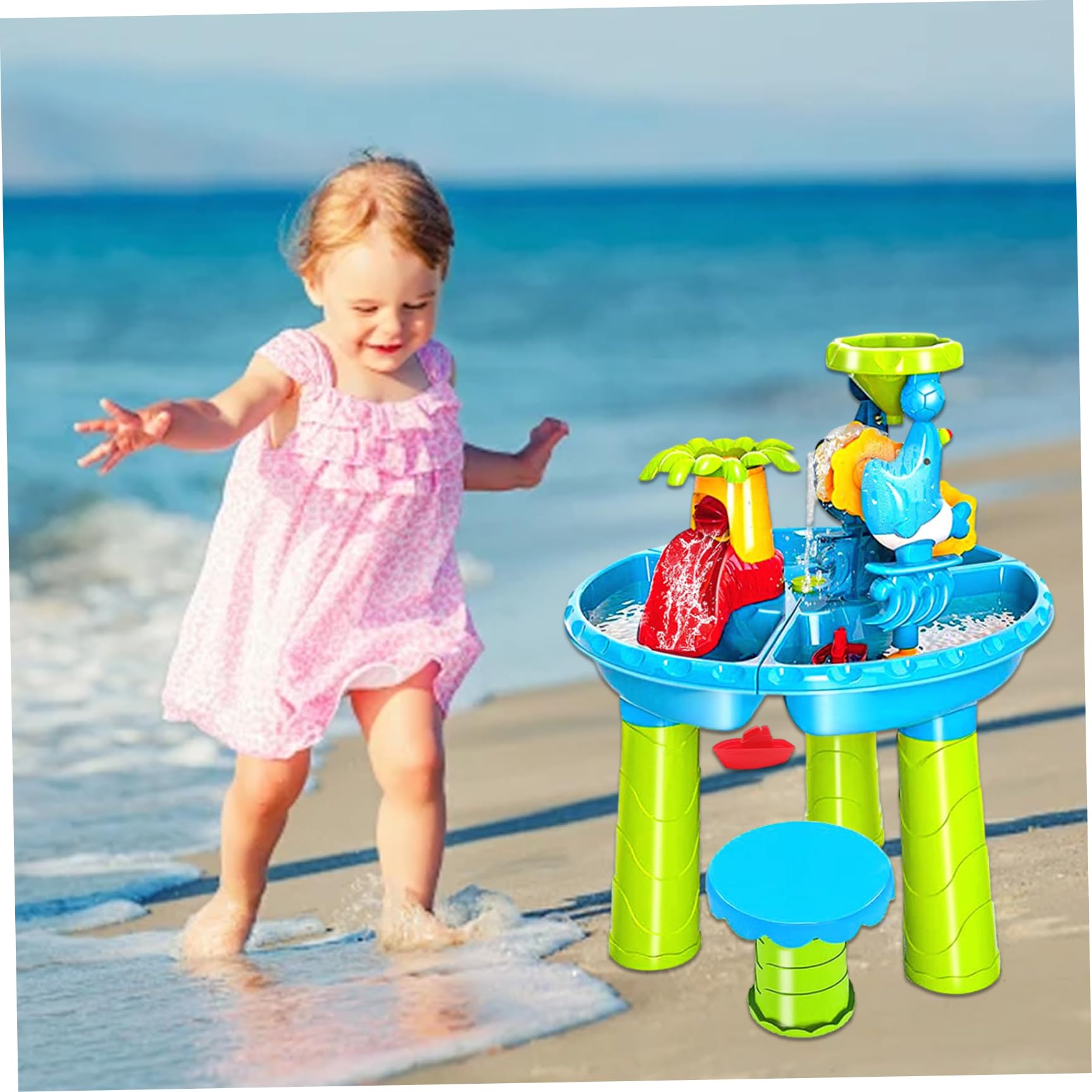 Mesa de agua para niños, mesa de juegos de agua y arena 3 en 1 con moldes de animales, pala, paleta, rastrillo de mano, cubo, banco y más para juguetes de verano, playa, piscina, patio trasero jueg