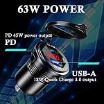 USB C Car Charger Socket 12V/24V USB Outlet, 45W PD Type C & 18W QC 3.0 Car Dual USB Port for Car Boat Marine Bus Truck Golf RV