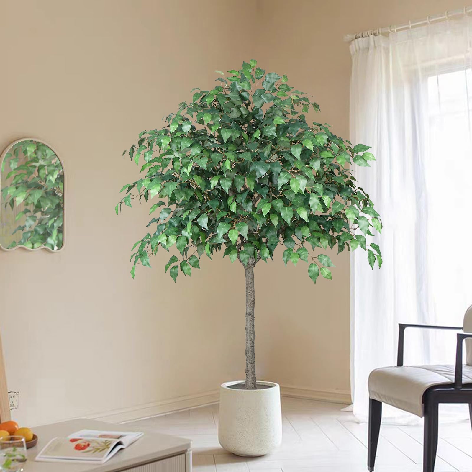 Artificial Ficus Tree,6 FT Tall Fake Trees Floor Plants with 1600 Dense Leaves,Tall Artificial Plants Green Faux Indoor Tree Silk Plants for Home Decor Indoor Outdoor Porch Office Decor