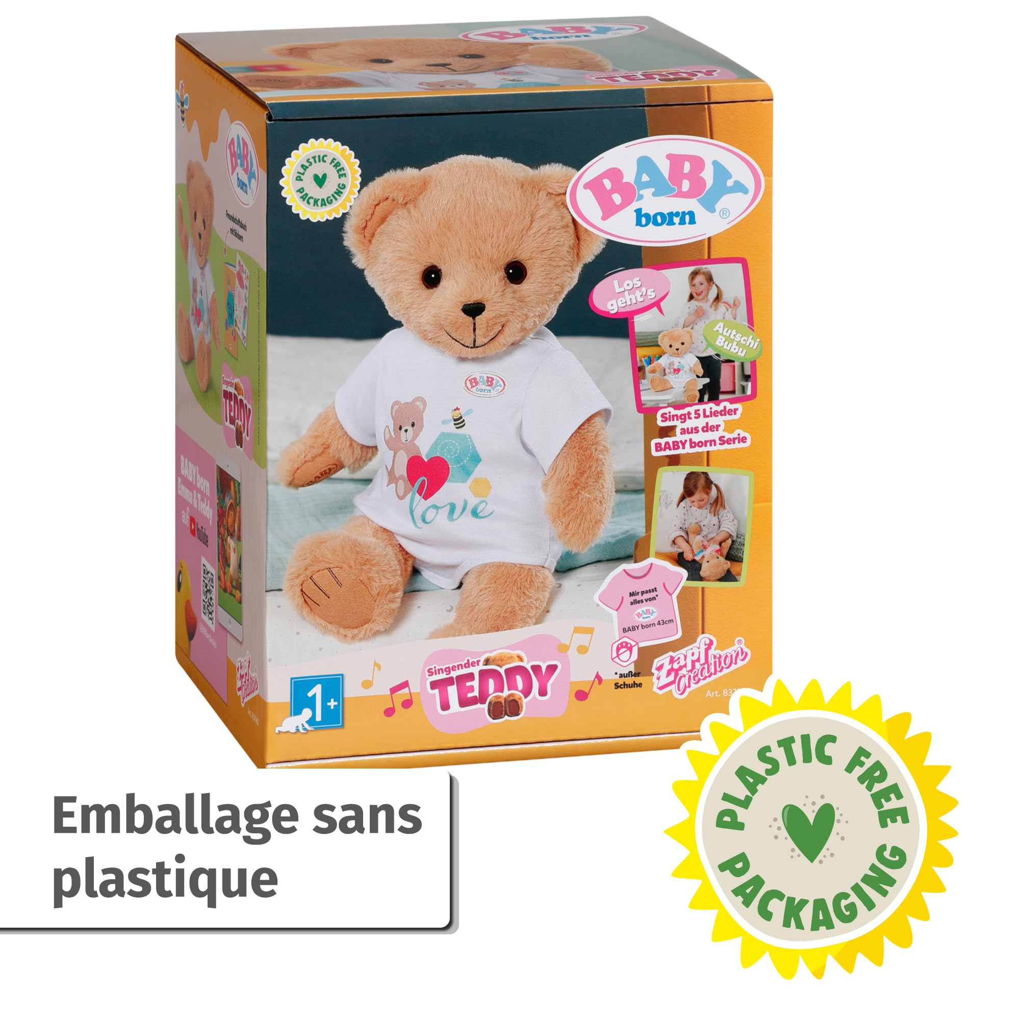 BABY born Teddy Chantant - Ours en Peluche avec Fonction sonore & grenouillère Blanche - Bras et Jambes Mobiles - Convient aux Enfants de 18 Mois et Plus - Chante 5 chansons allemandes de la série