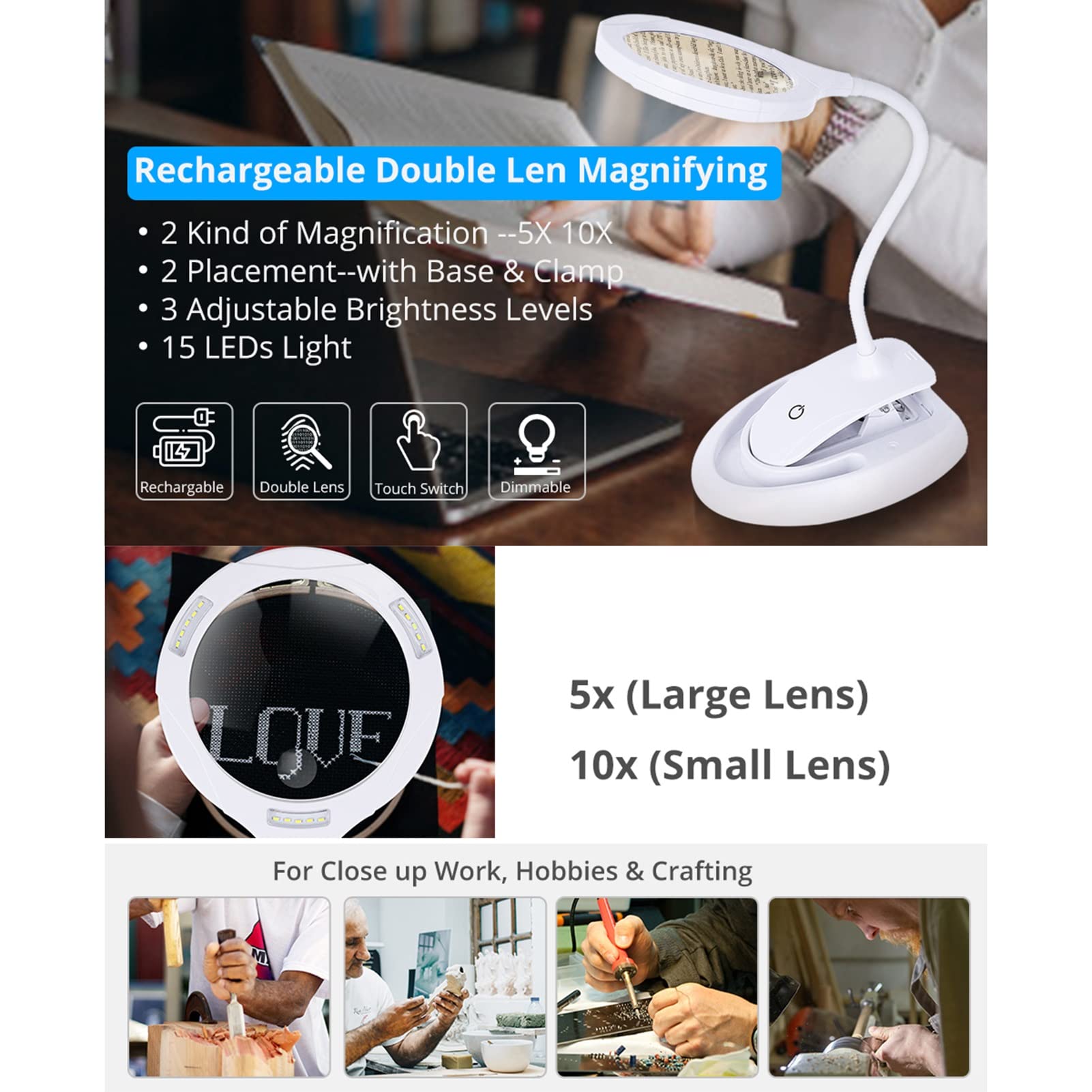 Lampa powiększająca 2 w 1, biurkowa ze szkłem powiększającym, ze stojakiem i zaciskiem, 5x 10x, lampa LED zasilana przez USB, z 3 regulowanymi ustawieniami światła do czy,