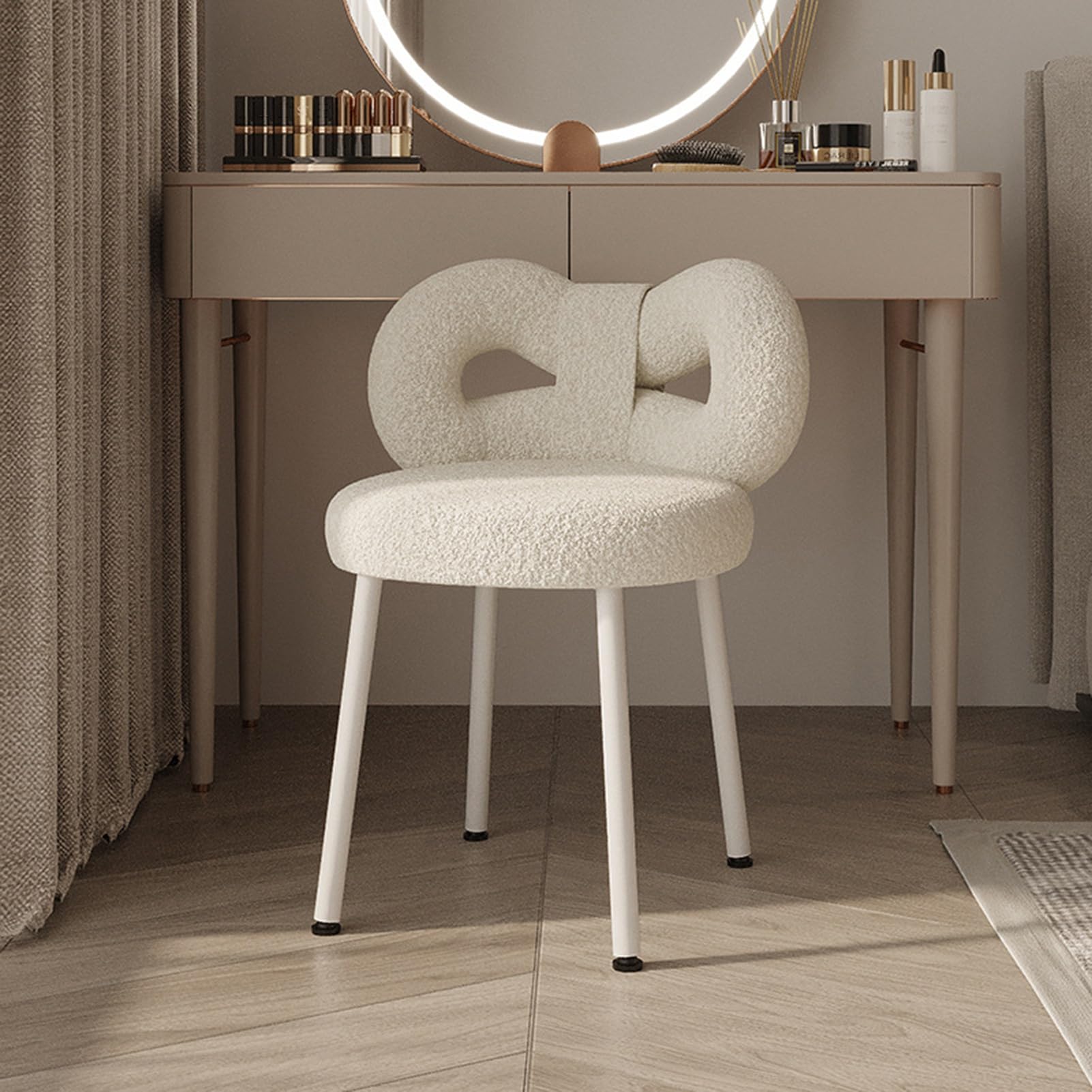 Petit Tabouret de Coiffeuse avec Dossier Noeud Papillon, Chaise de Maquillage pour Chambre à Coucher, Femmes et Filles, Coussinets Pieds réglables, sans accodoirs Salle de Bain, Blanc