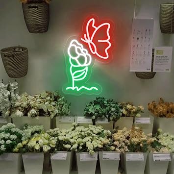 Flower Butterfly Neon Sign Inspirational Led Light Cute Wall Art Bedroom Decor Colorful Neon Sign Gift for Mothers Day, 16.5"X11"
