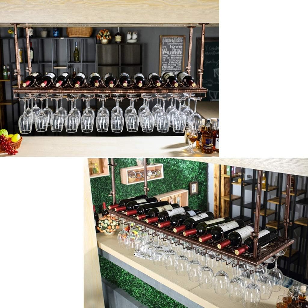 Adjustable Height Metal Ceiling Wine Rack with Stemware Holder Industrial Vintage Bar Counter Wine Glass Storage Organizer Rustic Bronze Wine Bottle Holder for Home Bar Decor (47×1