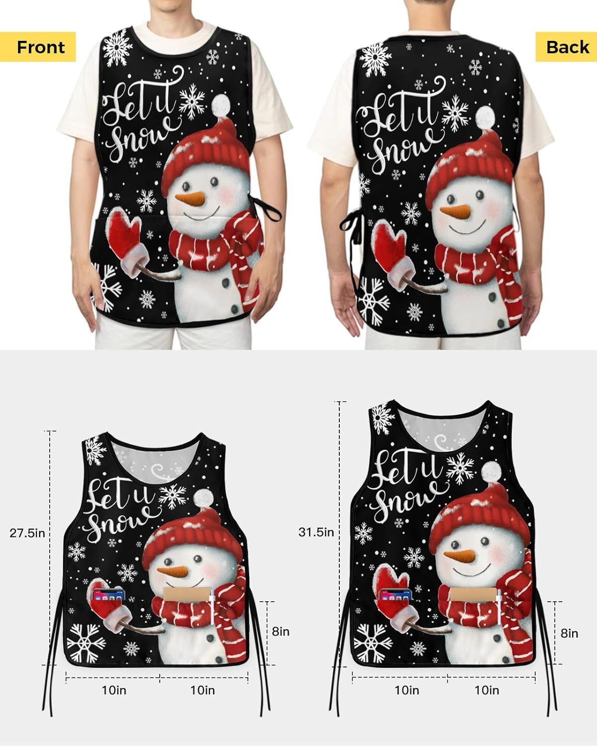Snowman Cobbler Aprons with 2 Pockets Bib Merry Christmas Black Red Winter Snowflake