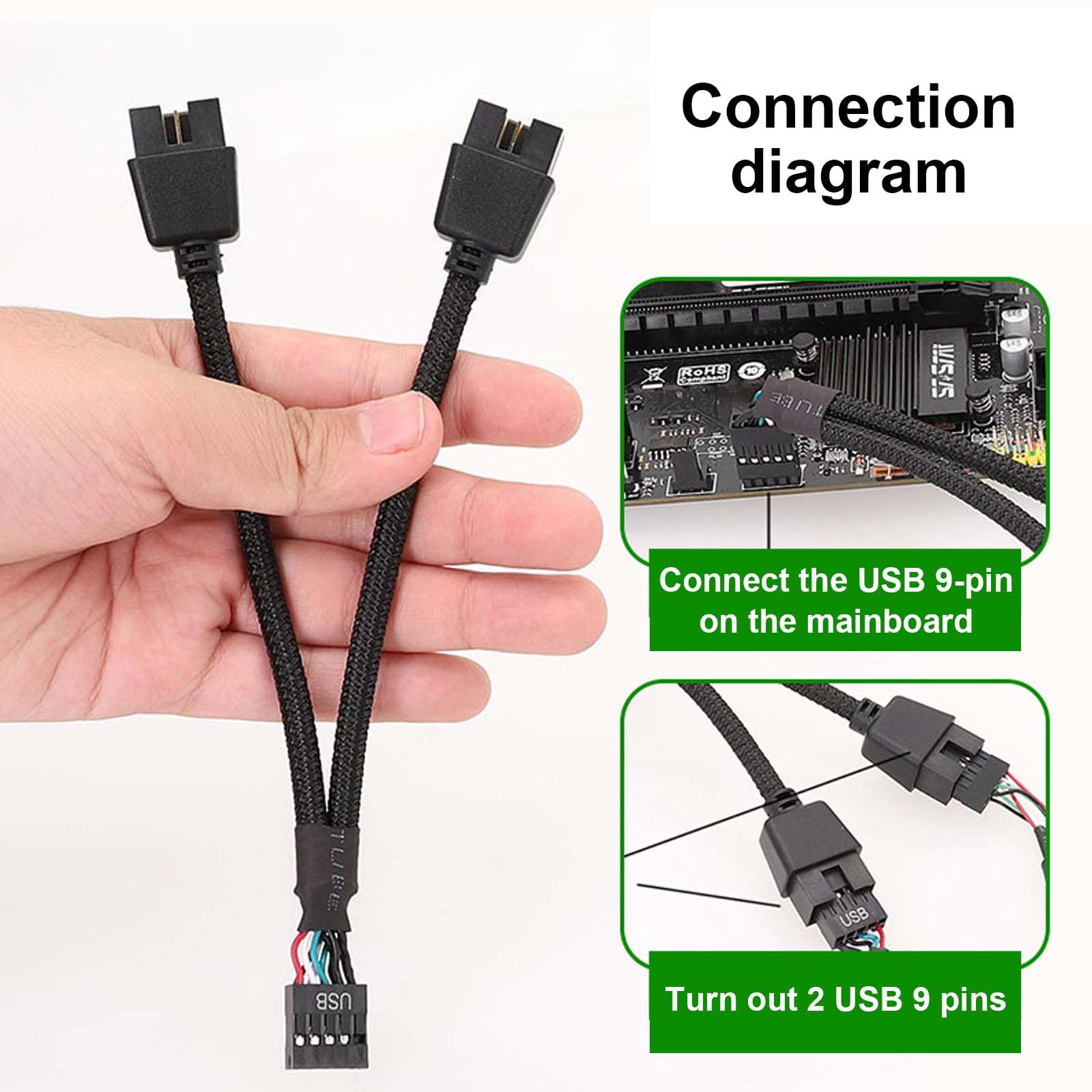 Cavo Splitter USB 2.0 Interno GELRHONR - Da 9 Pin Maschio A Doppia Femmina, Nylon Intrecciato, Per Scheda Madre - 5