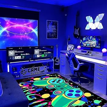 Blacklight Gaming Area Rug, UV Reactive 3D Game Controller Rug, Large