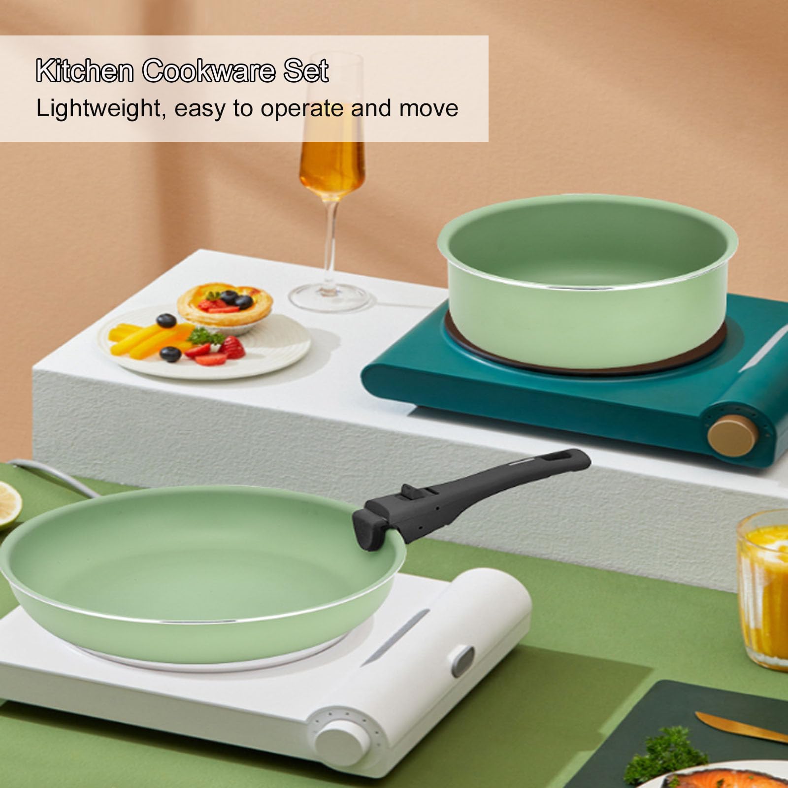 Set di pentole e padelle con manico staccabile, set di 3 pentole da cucina antiaderenti per tutti i fornelli, set di pentole impilabili per campeggio, lavabili in lavastoviglie, verde
