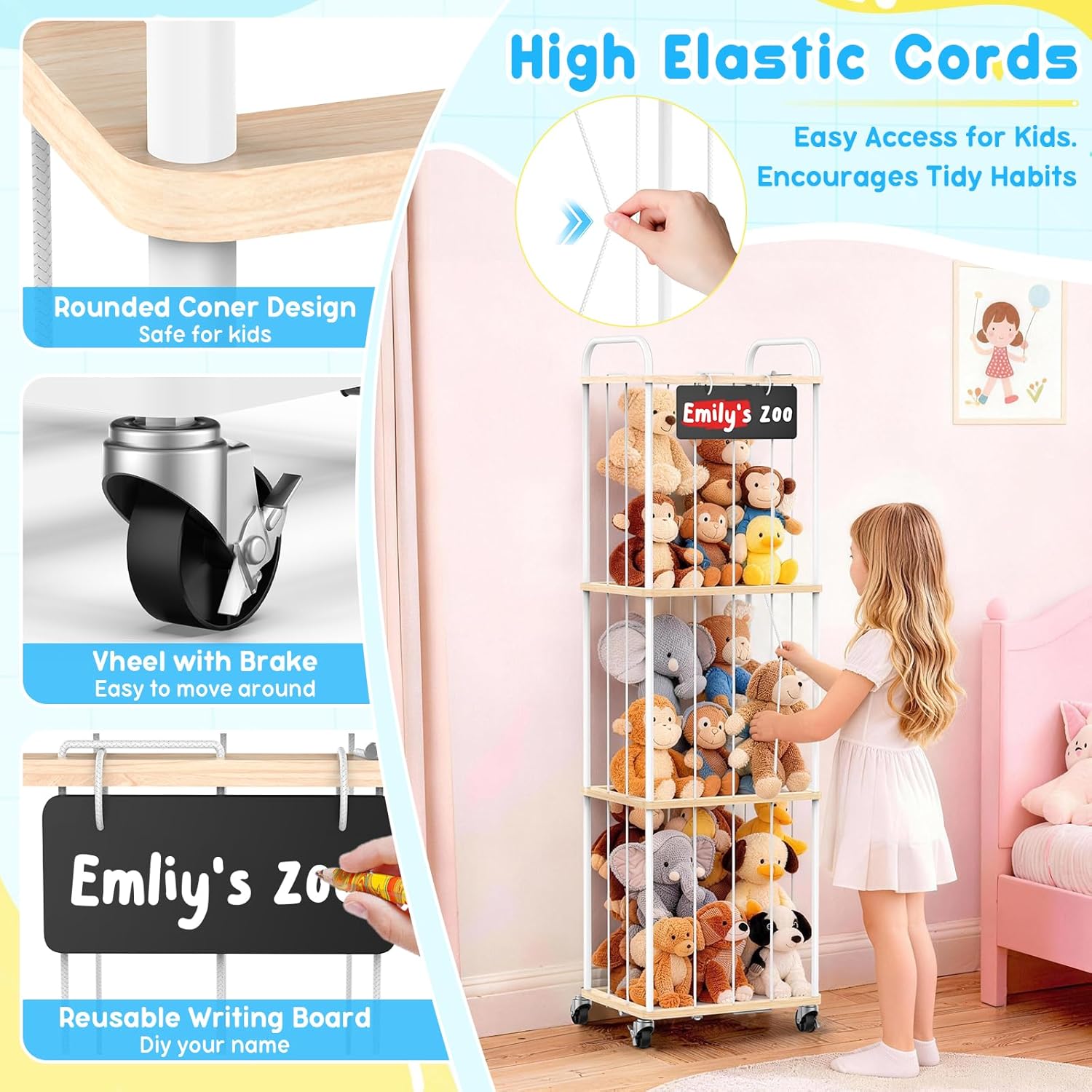 Stuffed Animal Storage Zoo Tower, 59" Metal Large Toy Organizer with Elastic Bands & Wheels, Standing Plushies Holder Cage for Kids Playroom Nursery, Space-Saving Stuffy Display Rack, 3-Tier