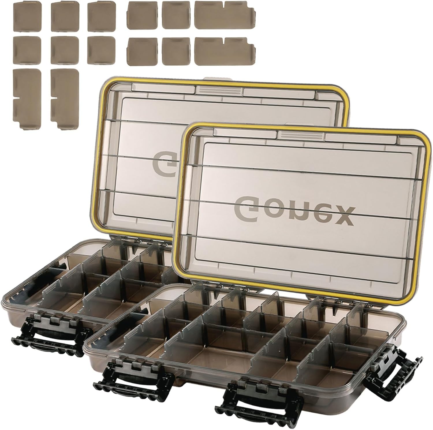 Gonex 3700 Tackle Trays 2 Packs, Sun Protection Waterproof Tackle Boxes for Fishing, Tea-Colored Clear Thicker Floating Airtight Tackle Box Organizers with DIY Dividers for Storage of Lures Hooks etc.