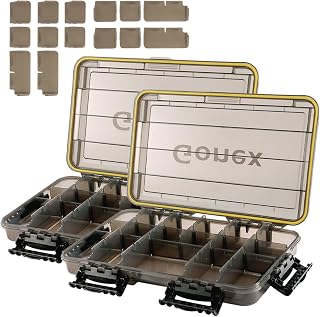 Gonex 3700 Tackle Trays Boxes Waterproof, Removable Dividers, for Fishing | 2-Pack, Adjustable Compartments, Tea-Colored Clear Plastic Lid, Tackle Organizers for Fishing Lures Hooks etc., Fits 3700 Bag