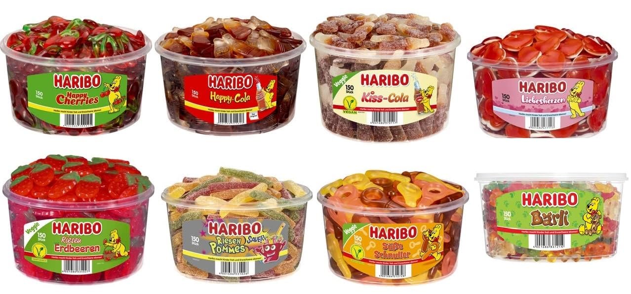 8 Dosen (10.050 Kg) Haribo Liebes Mix, Liebesherzen, Happy Cola, Happy Cherry, Bärli, Süße Schnuller, Kiss Cola, Riesen Pommes, Riesen Erdbeeren