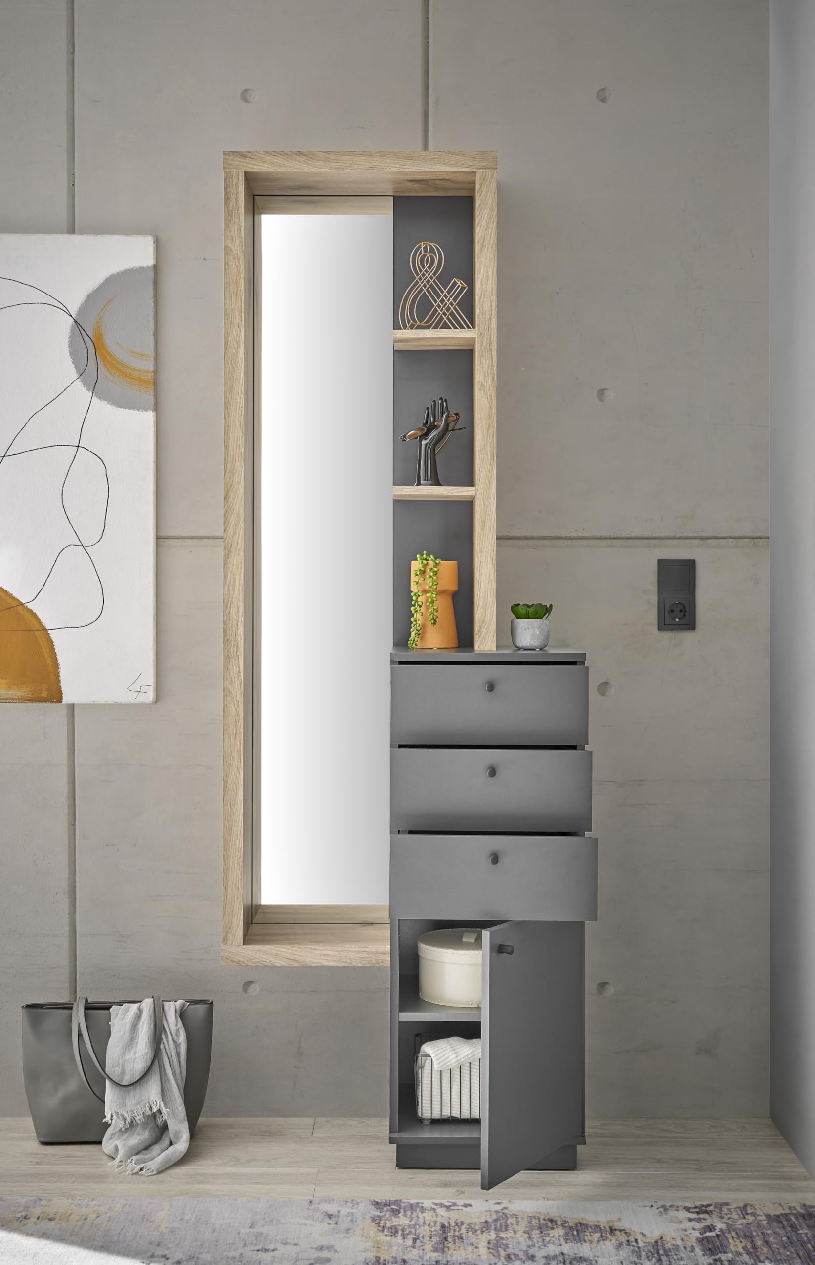 Stella Trading FRAME Porte-manteau mural Ensemble de vestiaires d'entrée en aspect Viking Oak, anthracite-Portemanteau moderne avec miroir pour votre entrée, 72 x 200 x 35 cm (L/H/P)