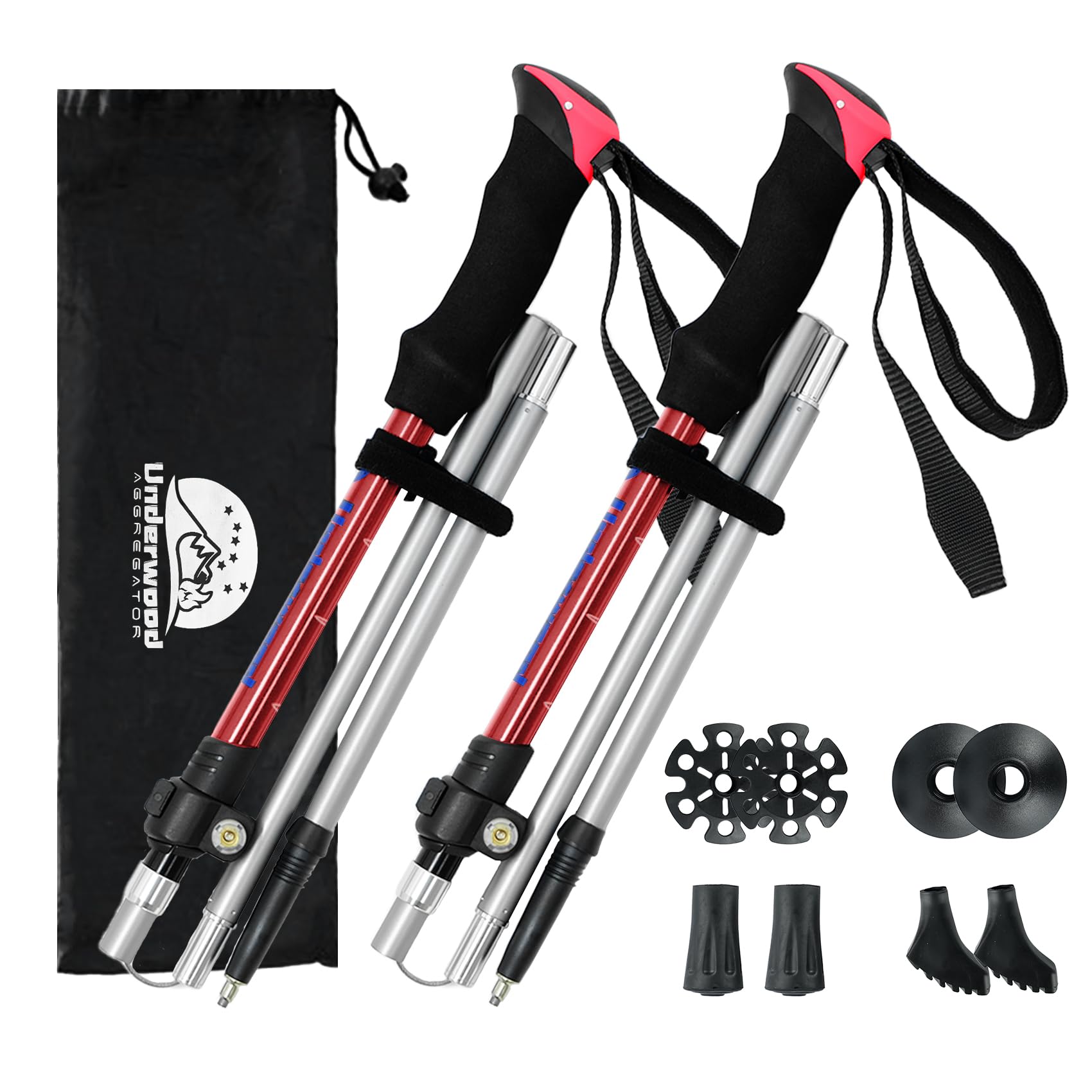 UnderwoodAggregator Collapsible Walking Sticks - 2 Pack Foldable Hiking Poles for Women and Men, Lightweight Aluminum Adjustable Nordic Poles for Backpacking and Trekking