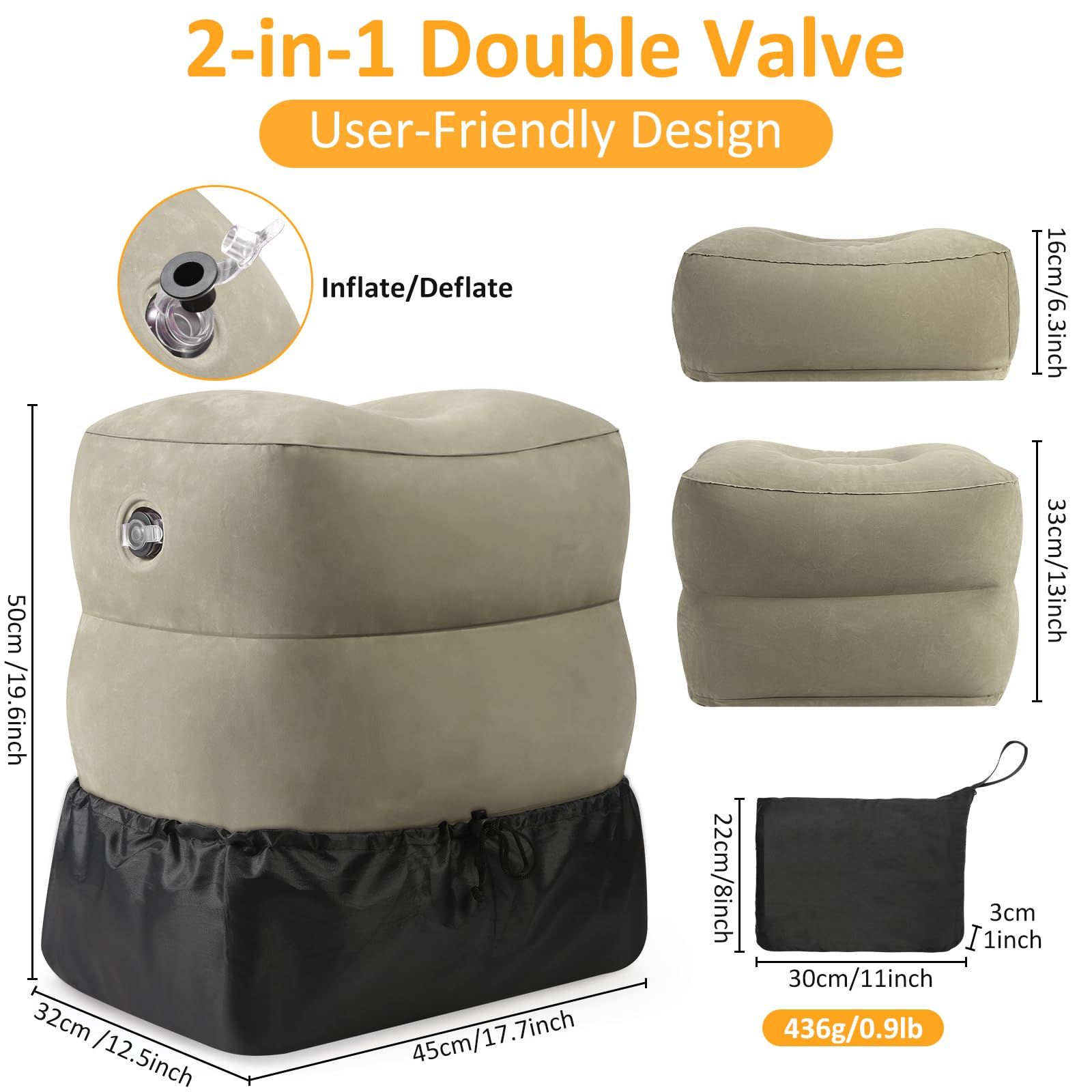 Almohada inflable con reposapiés para viajes, altura ajustable, con máscara para los ojos y tapones para los oídos para niños y adultos en avión, automóvil, tren, oficina y hogar (gris, 1 unidad) 3