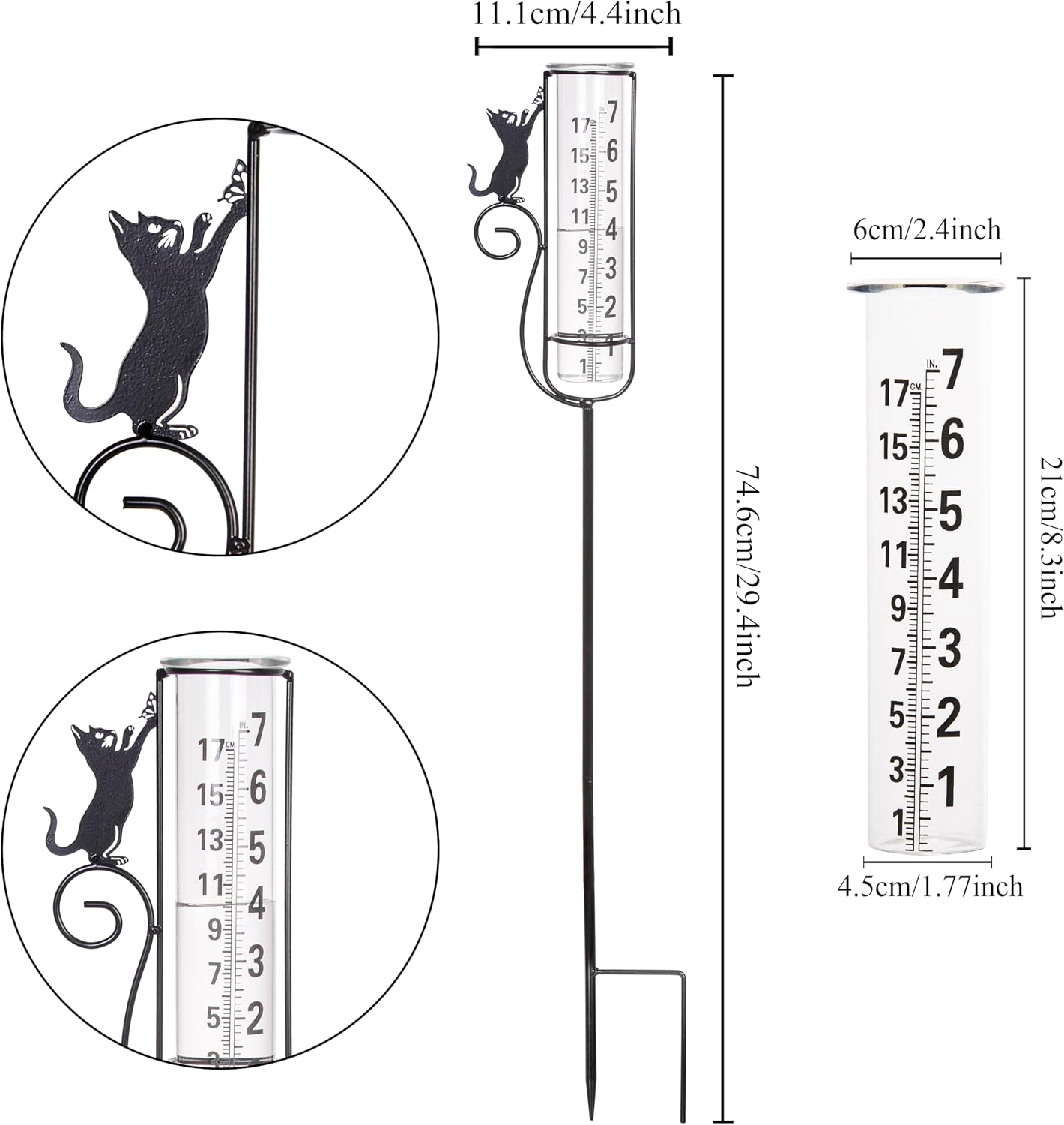 Rain Gauge, Cat Rain Gauge Outdoor,Rain Measure Gauge with Metal Stake for Garden Patio Lawn Decor, Large Number Easy to Read