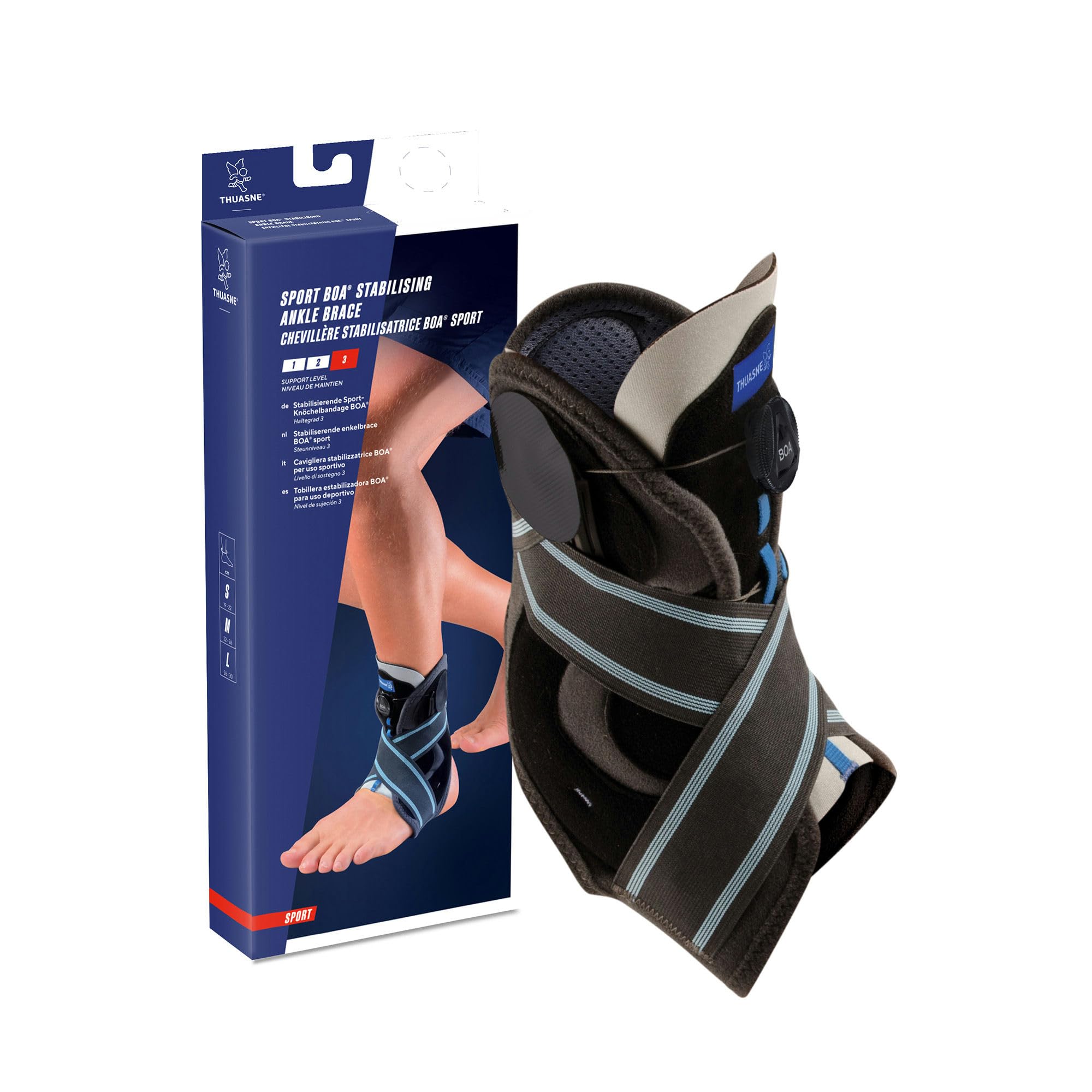 Thuasne Sport - Chevillère Stabilisatrice Boa - Chevillère Stabilisatrice Rigide - Entorse Sévère, Tendinopathie, Genou Instable - Indice de maintien 3/3 - Dispositif Médical CE - Bleu, M