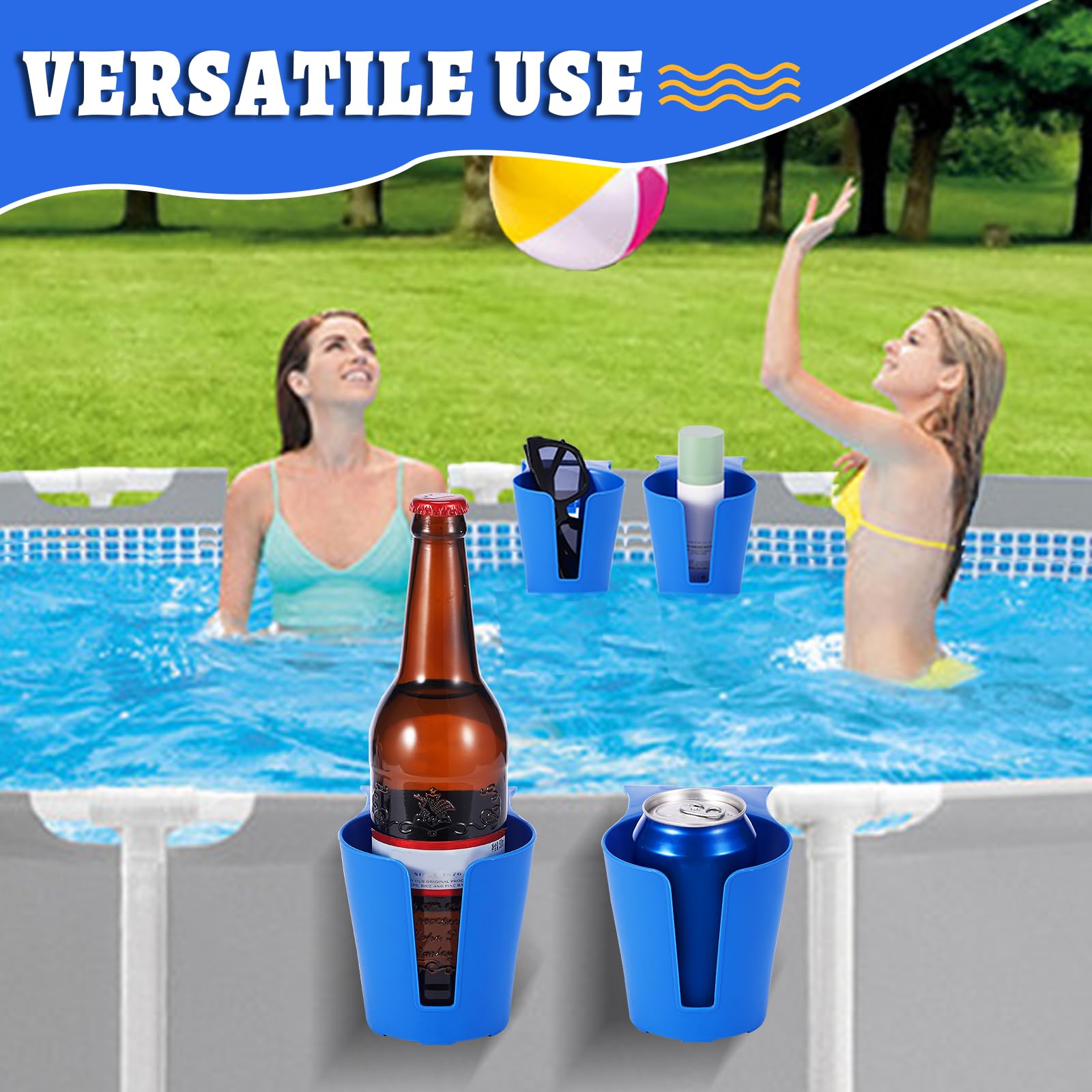 4 Portavasos Piscina Desmontables | Soporte Bebidas Junto A Piscina, Plástico Azul, 8.5x13.5 Cm