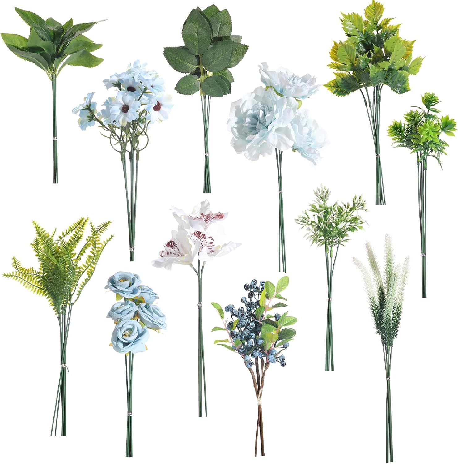 Artificial Flowers and Greenery Stems, 64 pcs with 12 Kinds