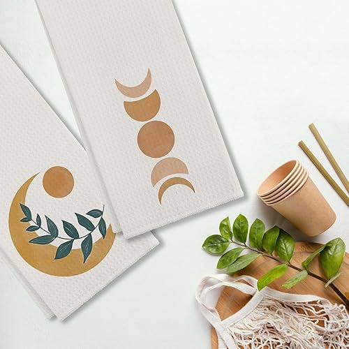 Miniatura 4 de Toallas de cocina y paños de cocina bohemios con diseño de hojas botánicas de sol y luna, diseño abstracto de fase lunar, toalla de mano para