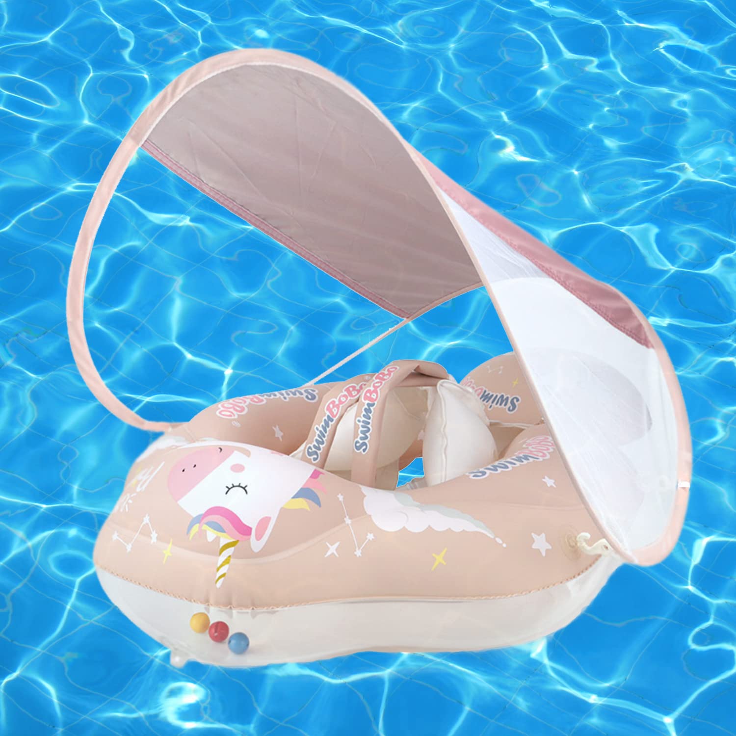 Busdeals Inflatable Baby Swimming Float, Baby Swimming Ring with Removable Sun Protection Canopy and Manual Pump, Baby Pool Float Inflatable Training Toy for 6-30 Months Infant Toddler(Pink)