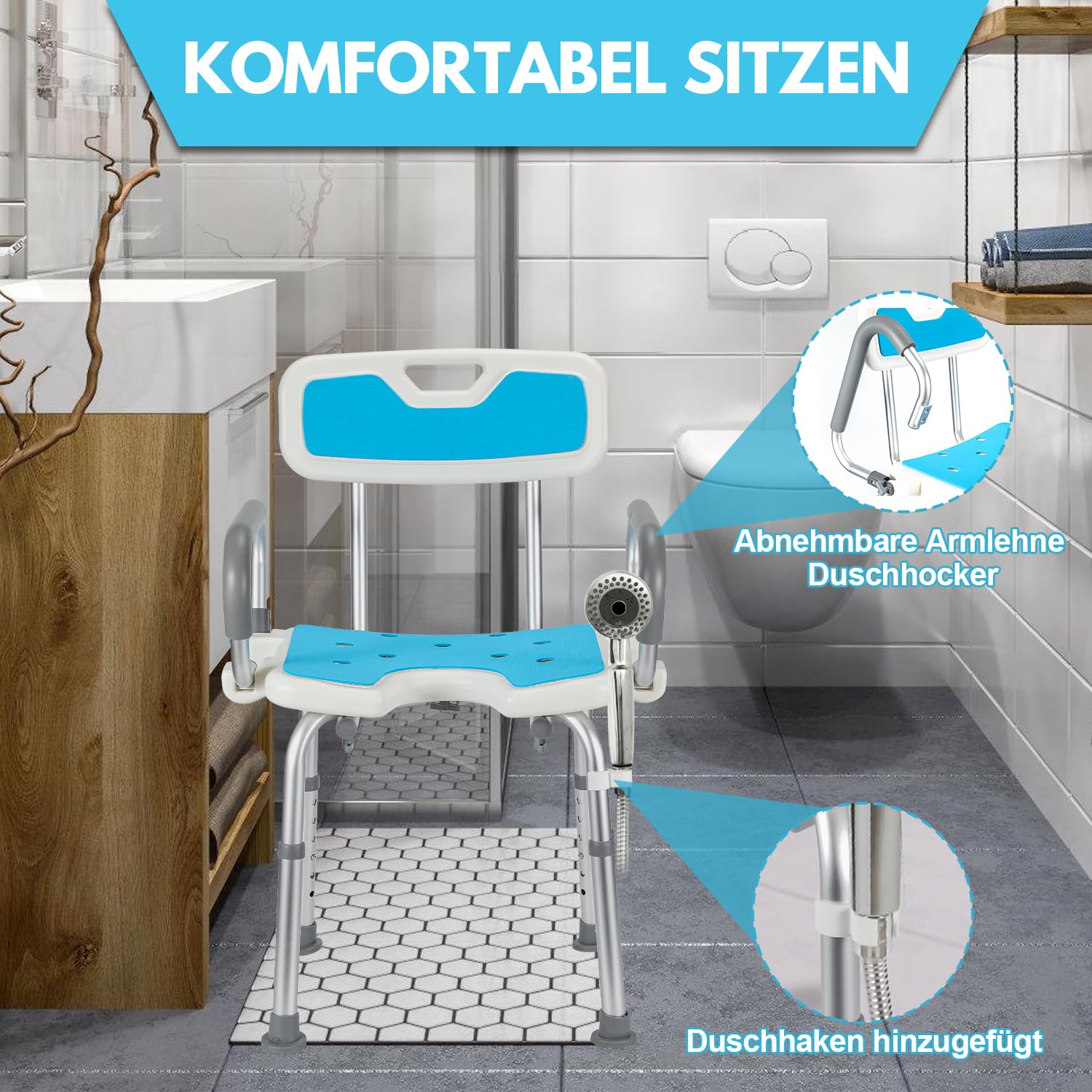 Randaco Taburete de Ducha con reposabrazos y Respaldo Desmontables,Silla Ducha Mayoresaltura Regulable, Aguanta 136kg,Silla Baño Ancianos Ducha Antideslizante