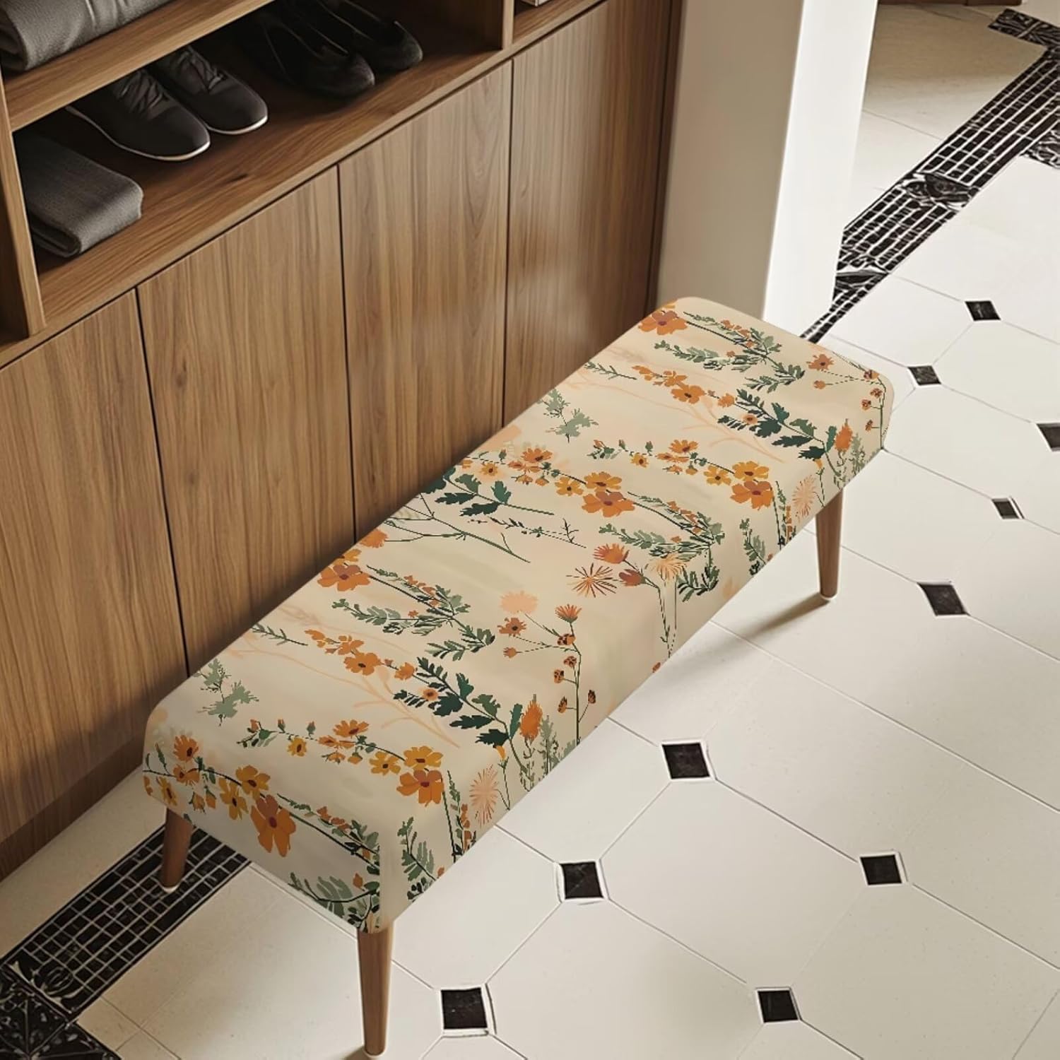 Beige Floral Dining Room Chair Covers Set of 4 with Bench Cover Washable Chairs Slipcovers No Arms Chair Covers for Dining Chairs Stretch Kitchen Chairs Seat and Back Cover