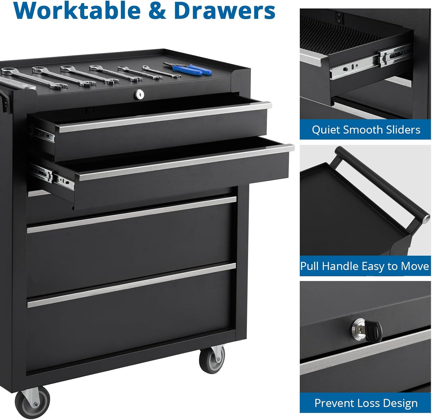 Close-up of the tool chest wheels and handle