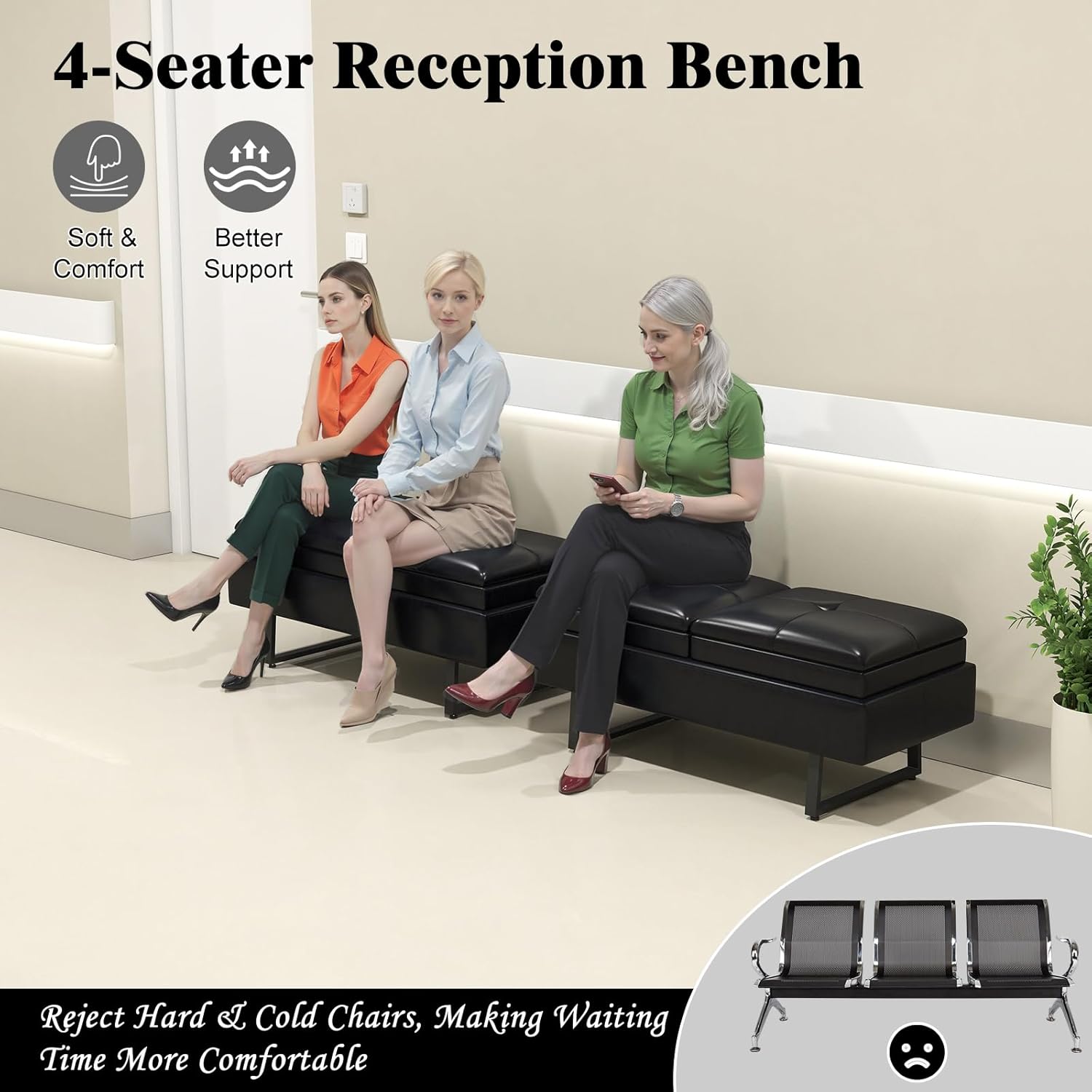 Kinpaw Waiting Room Chiars Reception Bench - 4-Seat Office Guest Chair, Modern Entryway Bench with Thickened Cushion, Heavy Duty, Faux Leather Upholstered Lobby Chair for Salon, Conference Room, Black