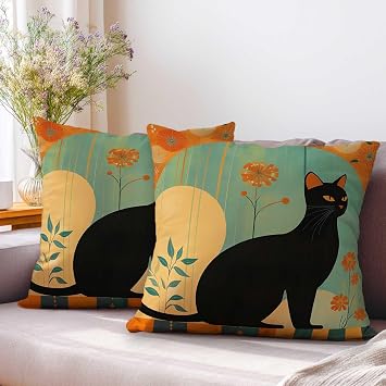 Black Cat Throw Pillow Covers 18x18 Set of 2 | Boho Cat Art Cushion Cases | Retro Decorative Pillowcases | Mid Century Accent Covers for Couch Sofa Bedroom Living Room Decor