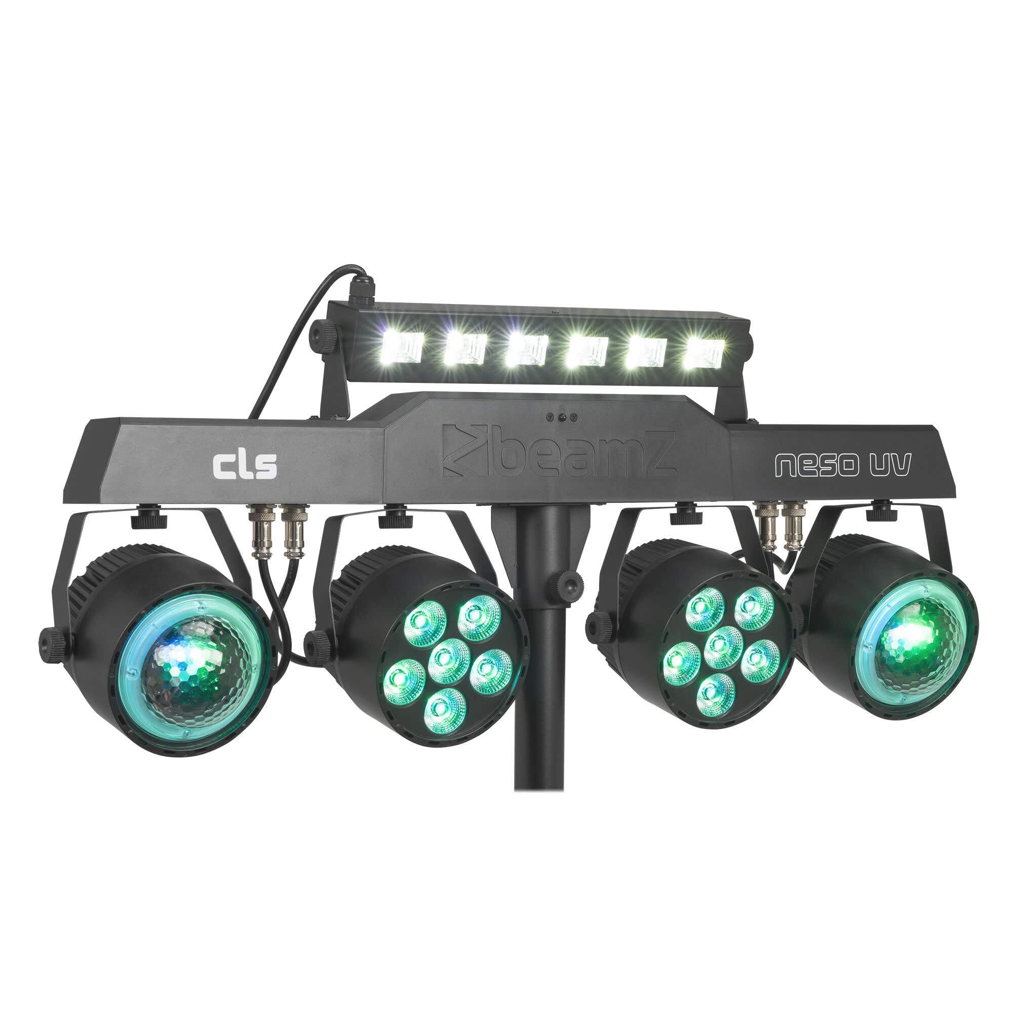 BeamZ CLS NesoUV Party Bar con 2 jelly moon, 2 par led rgbw y barra UV strobe, barra led dj con tripode, dmx 512, luces discoteca para casa, luces dj y luces escenario