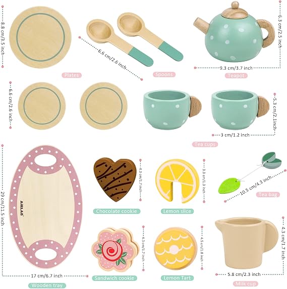 Wooden Tea Set, Pretend Play Kitchen Accessories and Wooden Tea Party Set, Picnic Tea Party Set
