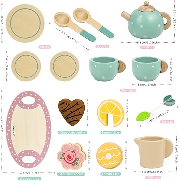 Wooden Tea Set, Pretend Play Kitchen Accessories and Wooden Tea Party Set, Picnic Tea Party Set