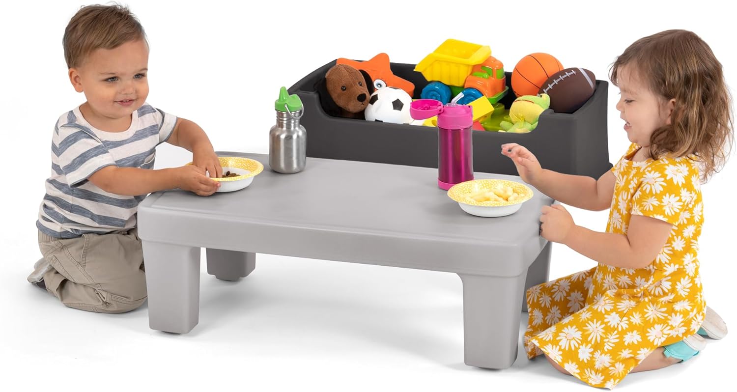 Simplay3 Play Around Toy Box Table, Multipurpose Kids Toy Box and Toddler Play Table for Toys, Art Supplies, Crafts, Durable, Plastic Large Toy Box, Made in USA (Gray/Gray)