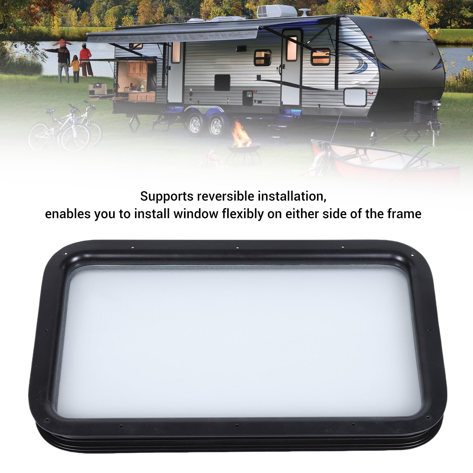 Fockety Fenêtre de Porte d'entrée pour VR (12 po L x 21 po H) avec Cadre Noir, Verre Opaque dépoli, Remplacement de fenêtre pour Caravane, remorque de Voyage ou Camping-Car