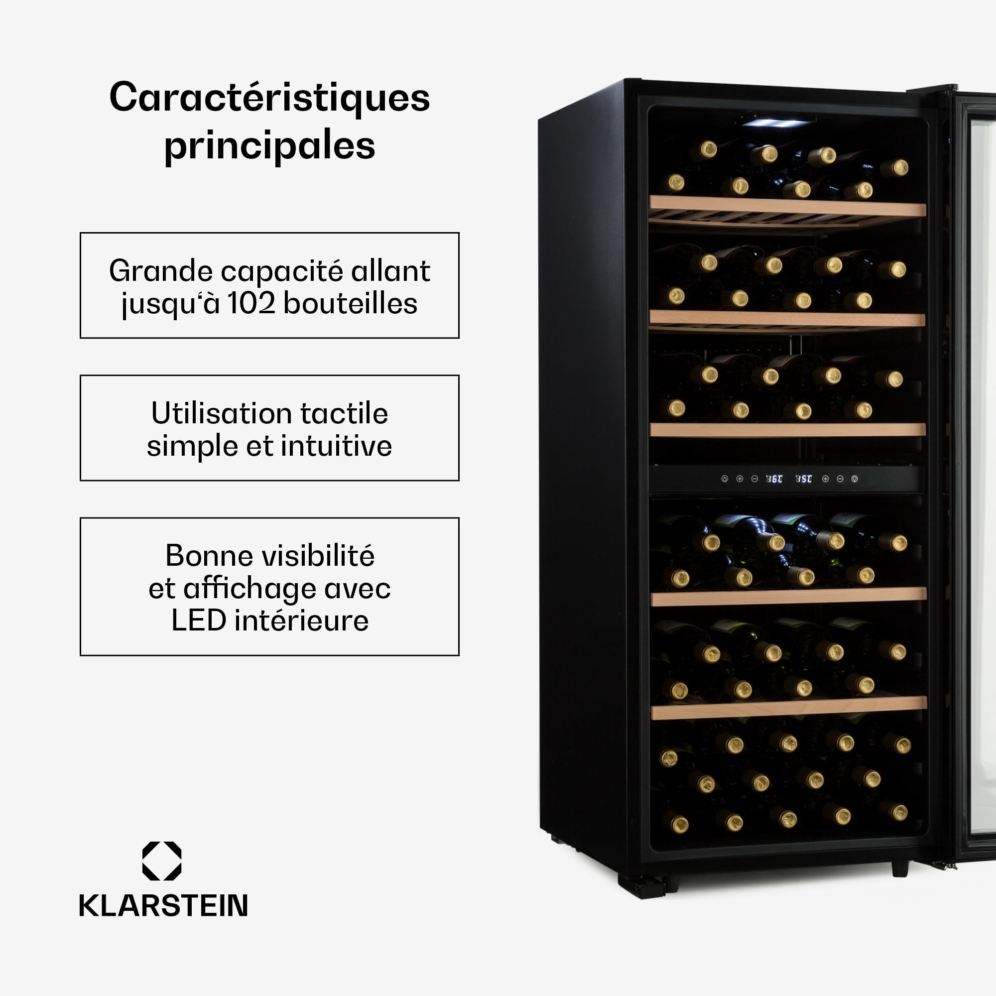 Klarstein Cave a Vin, Réfrigérateur à Vin avec Porte en Verre, Cave à Vin de Vieillissement, Prosecco, Bière, Ecran Tactile, Réfrigérateur Bar, Frigo, Protection UV, 5-18°C, 102 Bouteilles