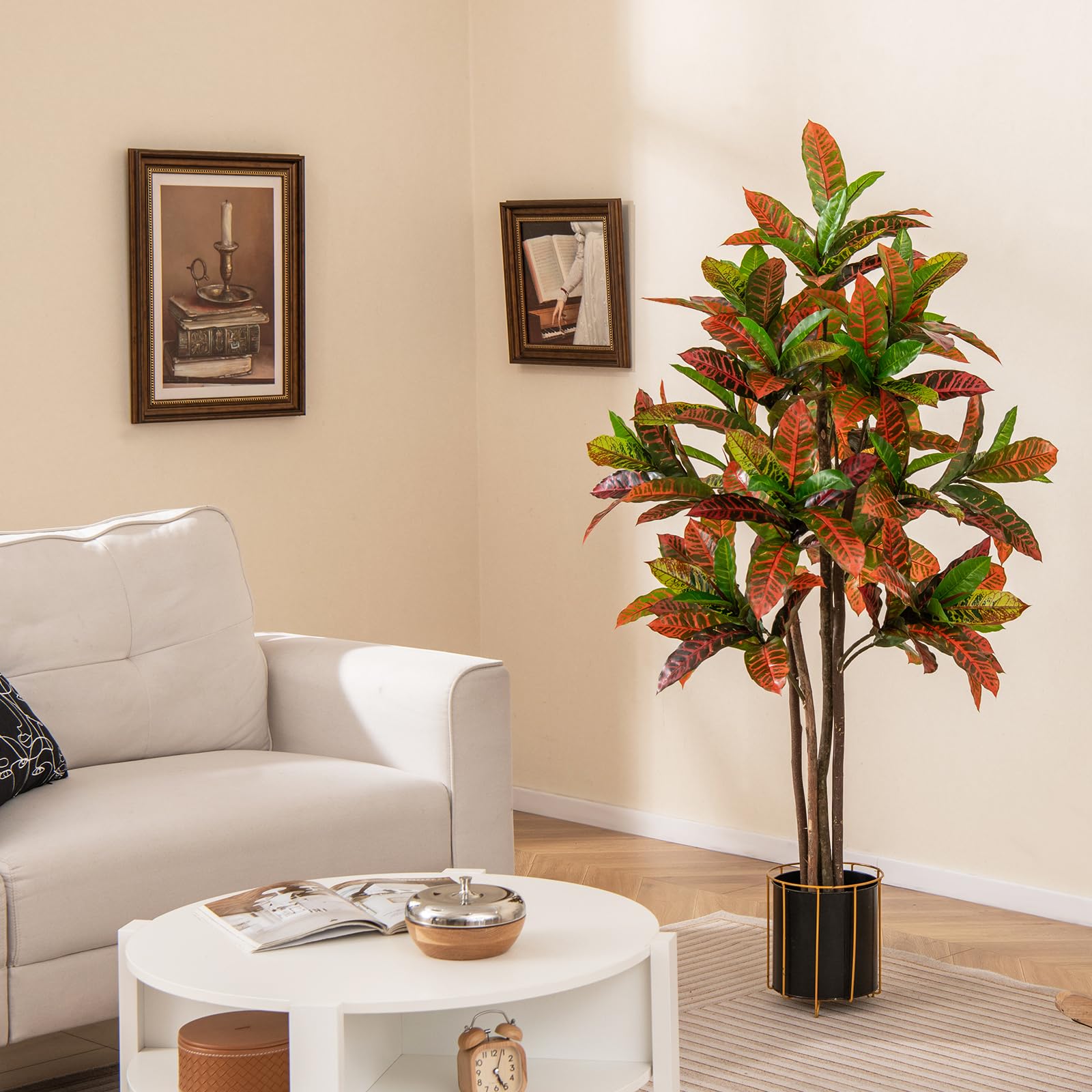 COSTWAY Pianta Finta di Croton 150 cm, Albero Artificiale da Interno ed Esterno, Pianta Tropicale in Vaso con Foglie Sfumate Finte, Ideale per Casa e Ufficio