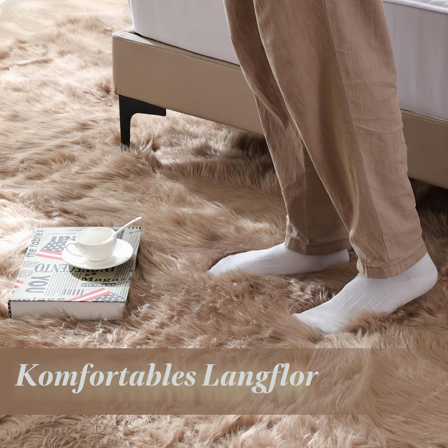 ORINOVA Teppich Runder Beige Flauschig Kunstfell 120 cm Fellteppich Weich Schlafzimmer Kuschelteppich Wohnzimmer Waschbar Bettvorleger