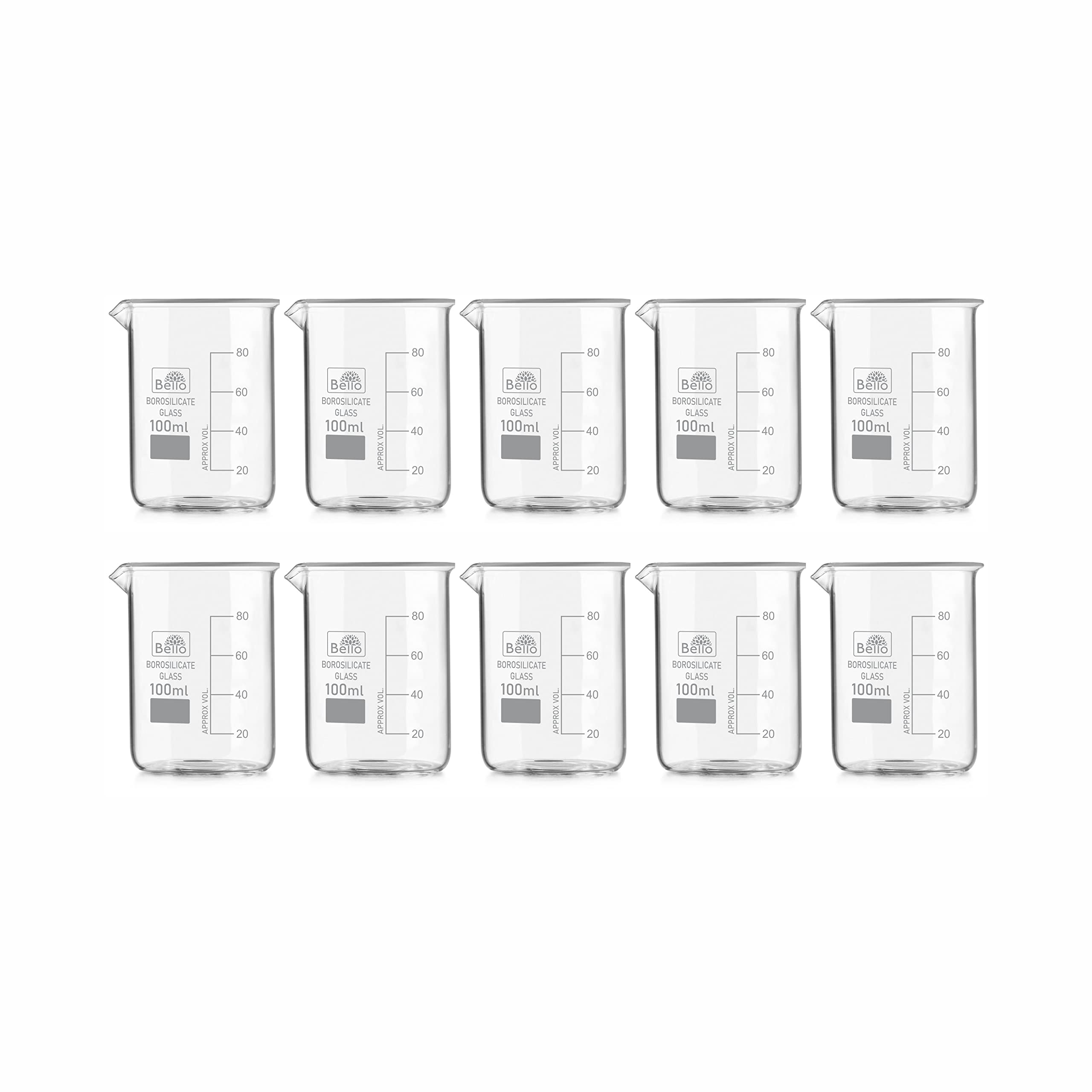 Bello Borosilicate 3.3 Glass Beaker - 100 ml with Graduation Marks & spout Pack of 10 for reselling school collage chemistry lab laboratory