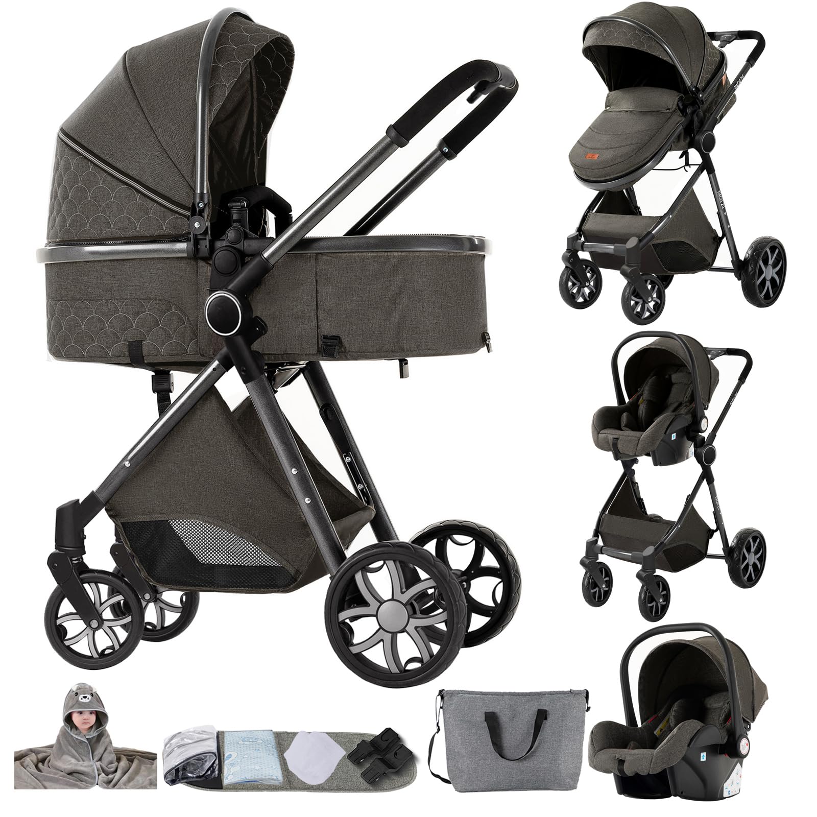 Kinderwagen 3 in 1, Buggy mit Umkehrbarem Zwei-Wege-Schub, Kinderwagen Faltbarem Tragbarem One-Click-Design, Kinderwagens 3 in 1 Komplettset mit Zubehör Hohe Landschaft (YV9 Deep Grey)