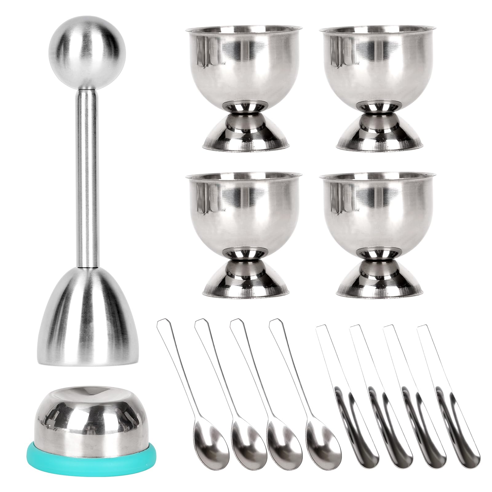 HHNIULI 14 PCS Egg Cracker Topper Set, 4 Egg Cups, 4 Spoons, 4 Flat Egg Spoons, 1 Egg Topper Cutter Shell Remover and 1 Egg Piercer for Raw Eggs, Stainless Steel Egg Cracker Tool
