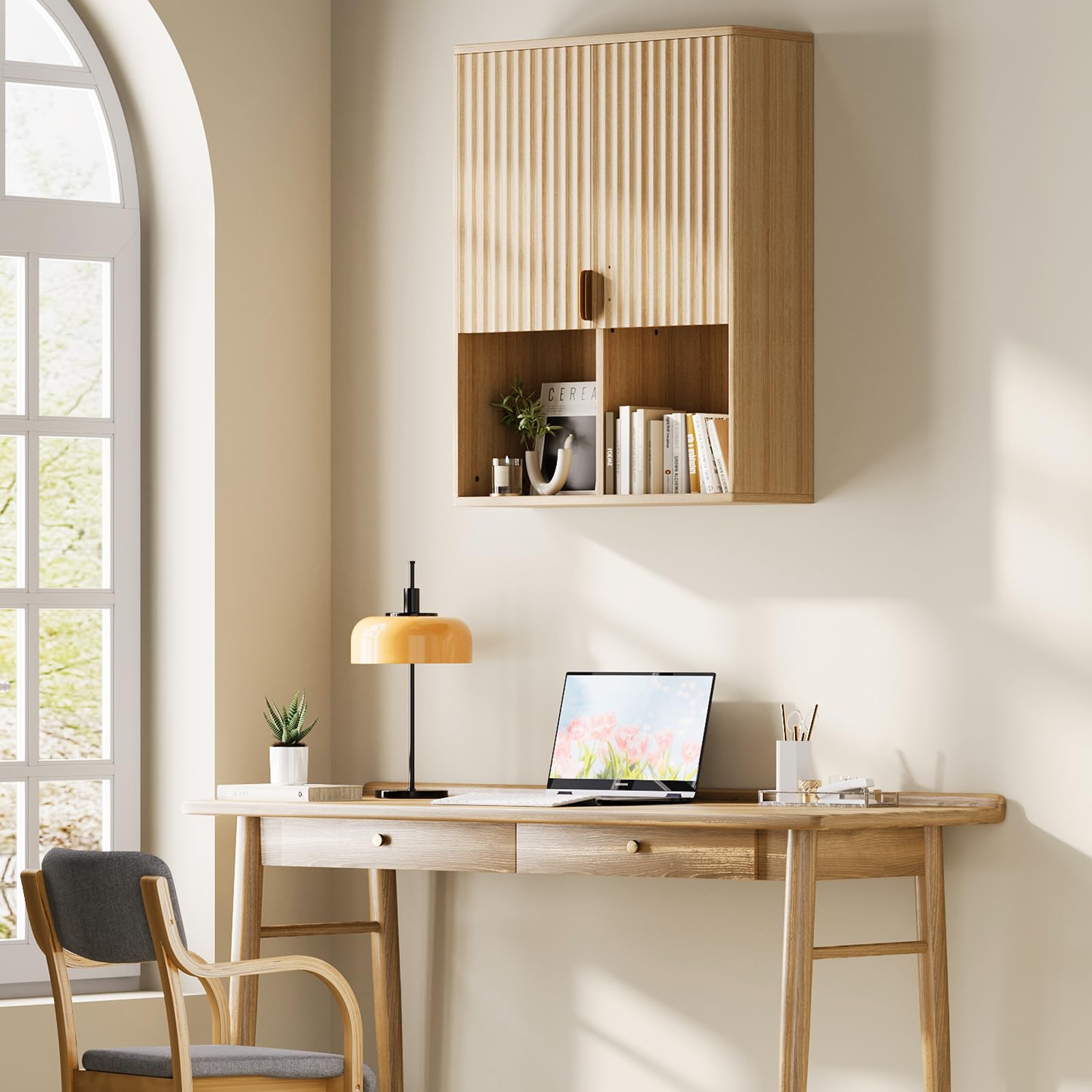 GarveeHome Gabinete de baño de Madera Natural montado en Pared - Puertas, estantes Ajustables y Espacio Abierto - Almacenaje Moderno sobre Inodoro para baño, lavandería, Cocina y Sala - Madera