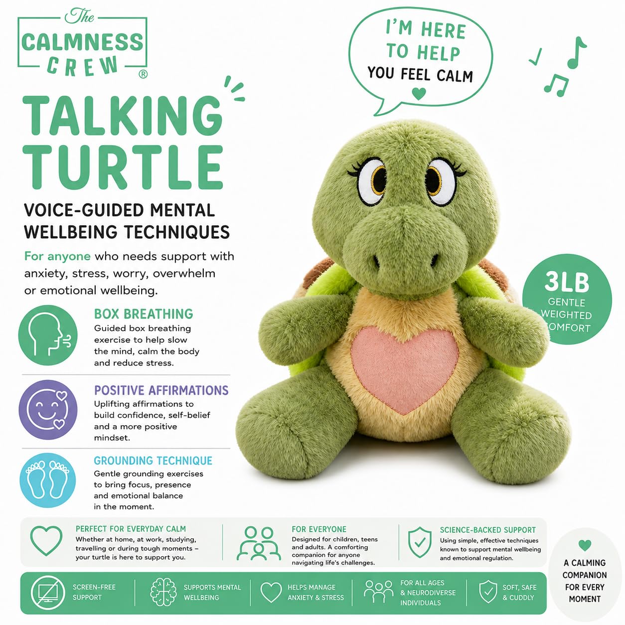 The Calmness Crew Weighted Talking Turtle Plushie for Anxiety Relief | Voice Guided Breathing, Positive Affirmations & Grounding Techniques | Sensory Calming Plush Toy for Kids, Teens & Adults