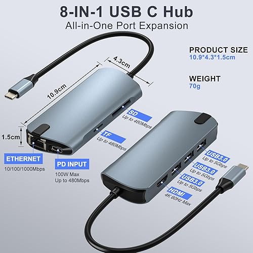 Miniatura 2 de Adaptador Ethernet de concentrador USB C 8 en 1 con HDMI 4K a 60Hz, carga PD de 100 W, 3 puertos USB 3.0, RJ45 de 1 Gbps, lector de tarjetas SD/TF,