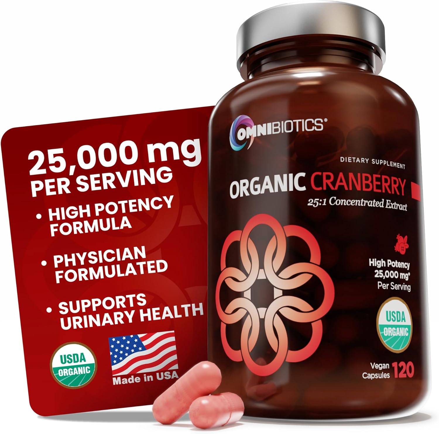 OmniBiotics USDA Organic Cranberry Pills for Women - High Potency 25,000 mg Supplement with 25:1 Fruit Extract - Daily Urinary Tract Support - 120 Vegan Capsules